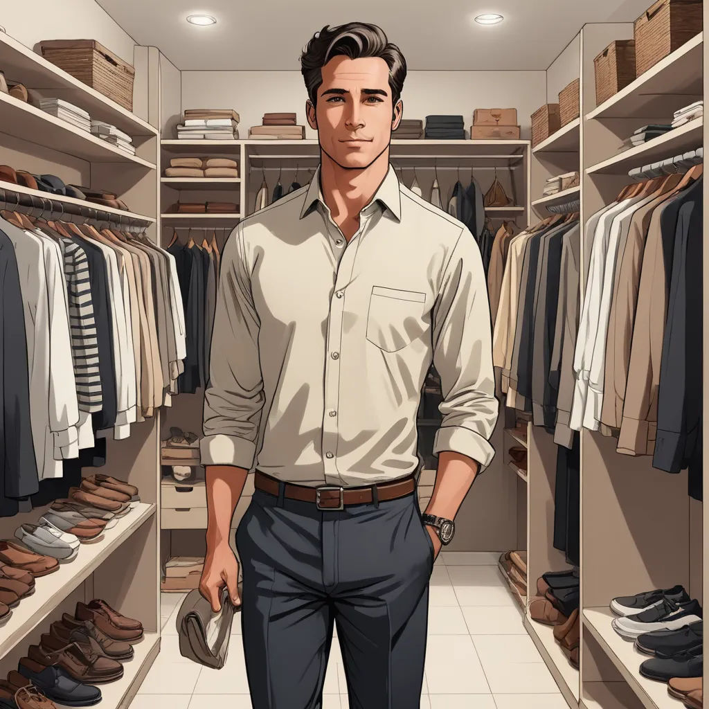 a man standing in a closet with a suitcase in his hand and a suitcase in his other hand, in front of a closet full of clothes, american realism, a character portrait, Cedric Seaut (Keos Masons), handsome