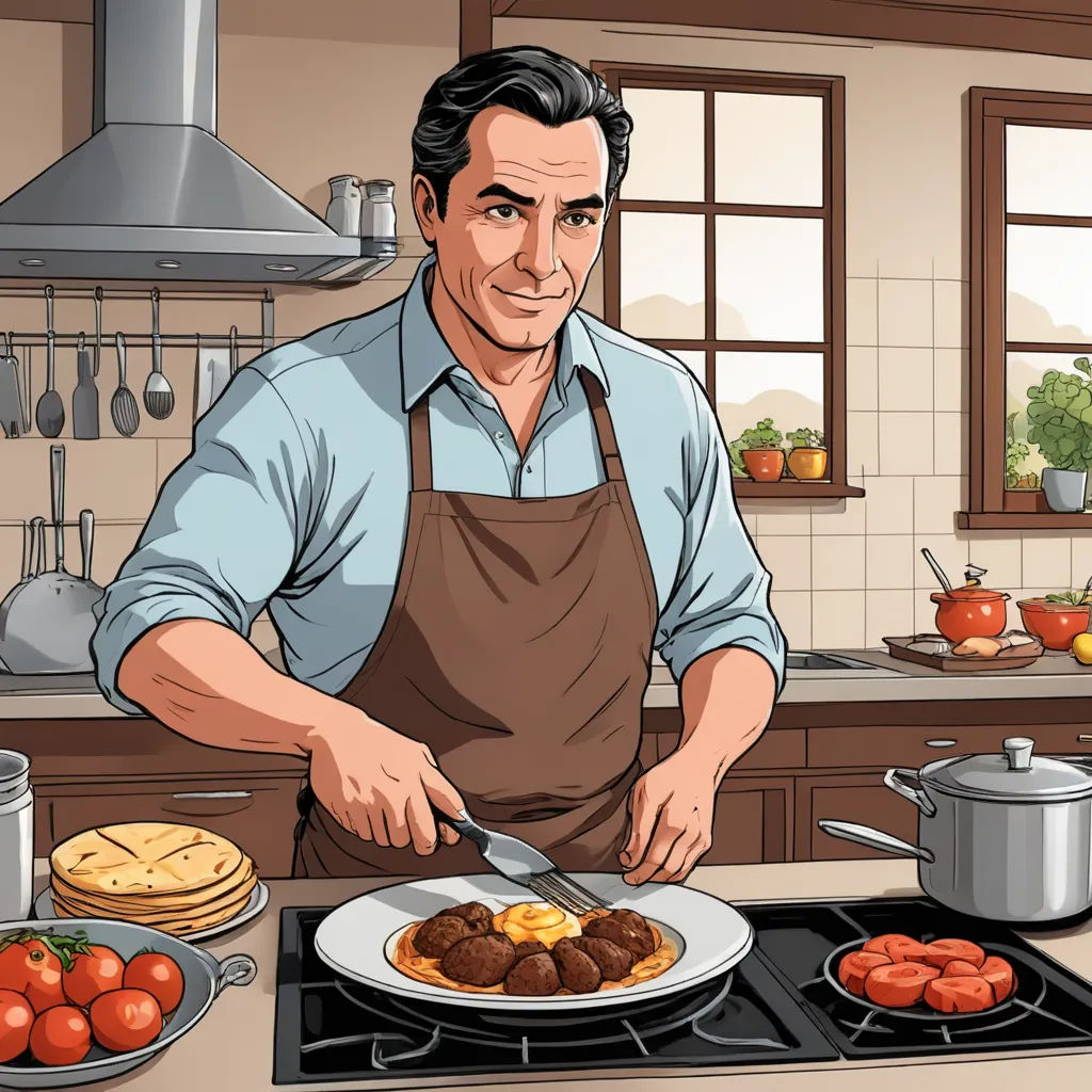 a man in an apron is cooking food on a stove top in a kitchen with a pan of food, socialist realism, a stock photo, Altoon Sultan, official art