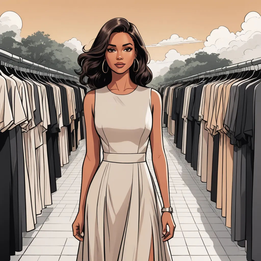 a woman in a dress standing in front of a row of shirts on racks with shirts hanging on them, american barbizon school, a comic book panel, Christian Hilfgott Brand, comic cover art