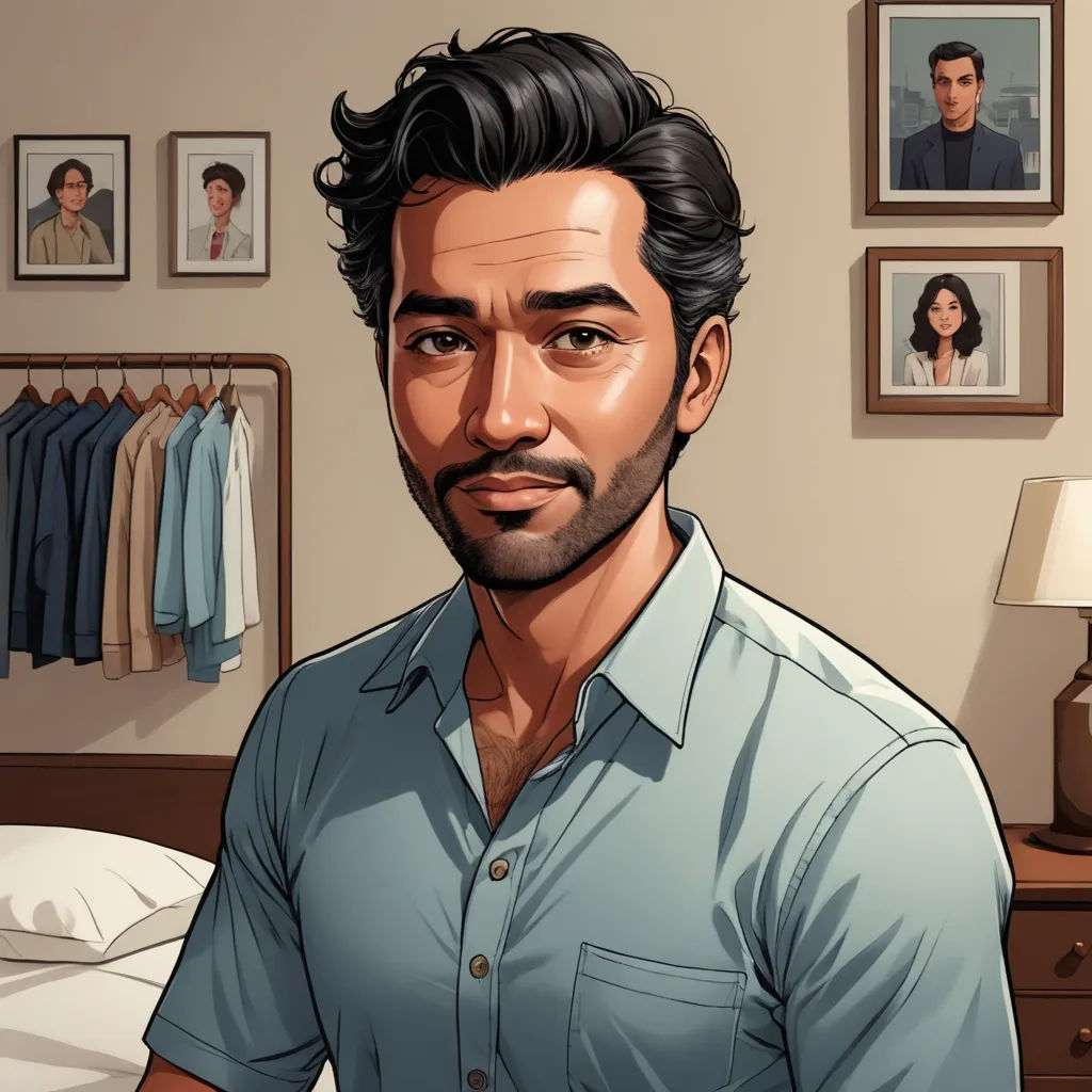 a man in a blue shirt is in a bedroom with pictures on the wall and a lamp on the nightstand, serial art, a character portrait, Anthony Angarola, character portrait
