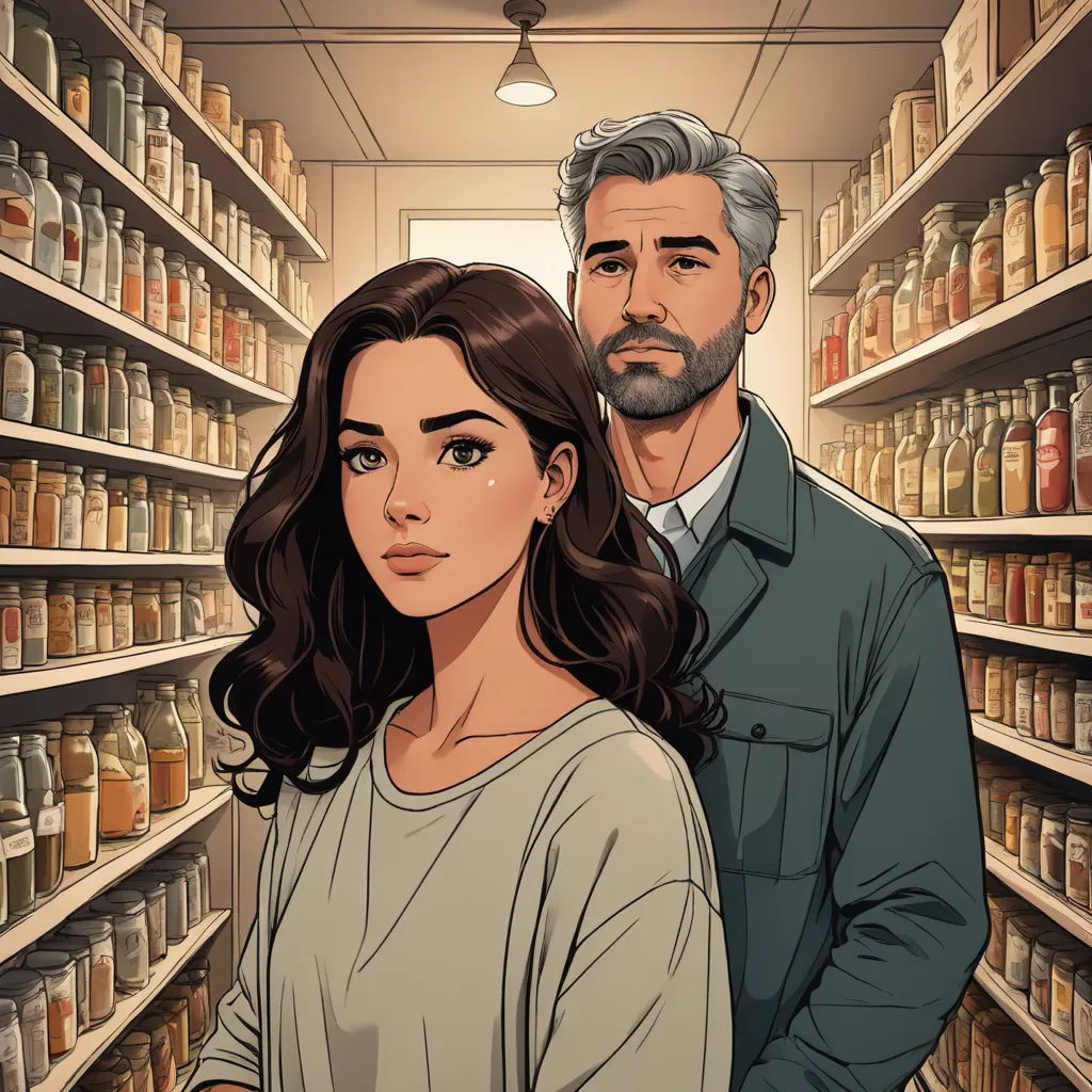 a man and a woman standing in a store aisle with shelves full of jars of food and a light bulb overhead, serial art, a comic book panel, Ada Gladys Killins, graphic novel