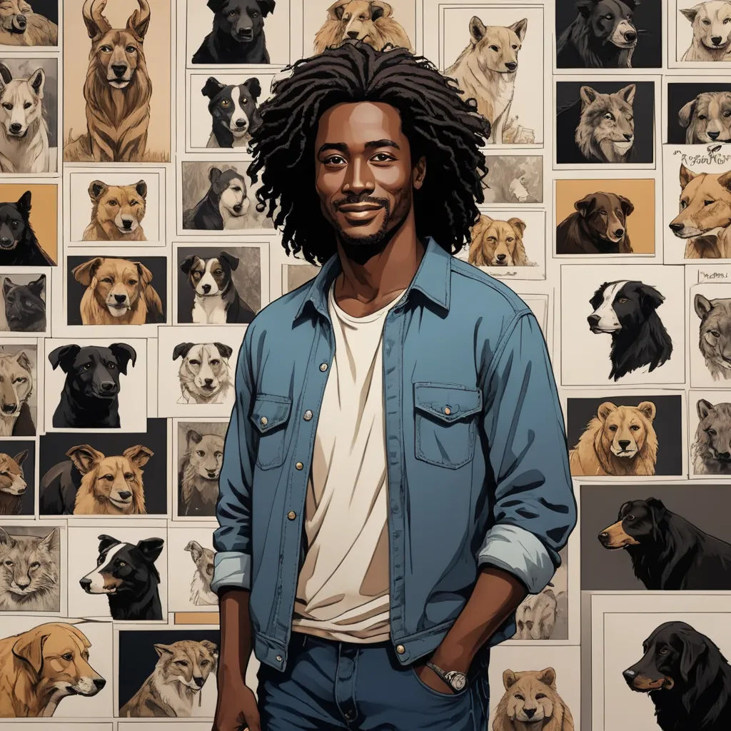 a man standing in front of a wall of dogs with his hands in his pockets and his hands in his pockets, furry art, a character portrait, Chris LaBrooy, comic cover art