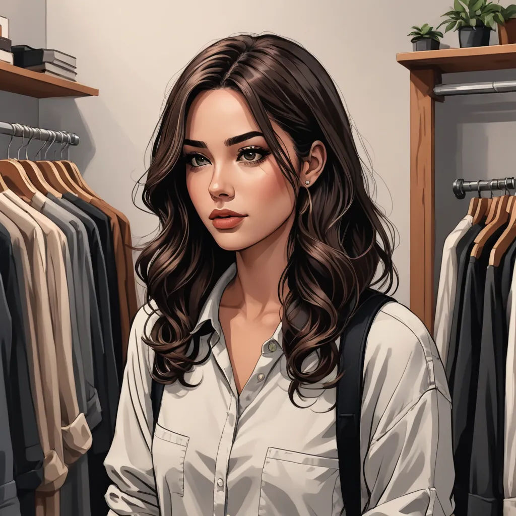 a woman standing in front of a rack of clothes in a store with a backpack on her shoulder and a shirt on her shoulder, remodernism, a detailed painting, Artgerm, girl