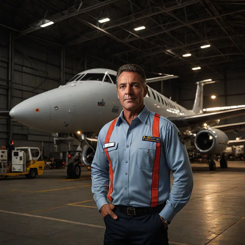 a man in a blue shirt and orange suspenders standing in front of a plane in a hangar with a yellow truck, precisionism, a character portrait, Brad Holland, promotional image