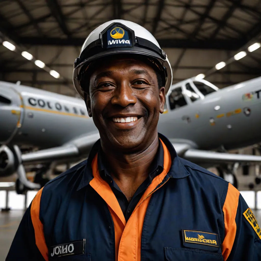 a man in a hard hat standing in front of a plane in a hangar with a smile on his face, afrofuturism, a character portrait, Almeida Júnior, matte finish