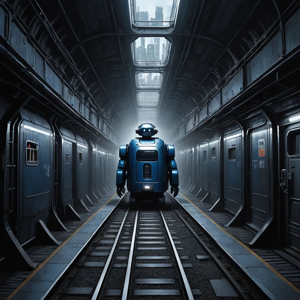 a robot is moving along the tracks in a tunnel with a skylight above it and a train on the tracks, les automatistes, cyberpunk art, Cedric Peyravernay, unreal 5