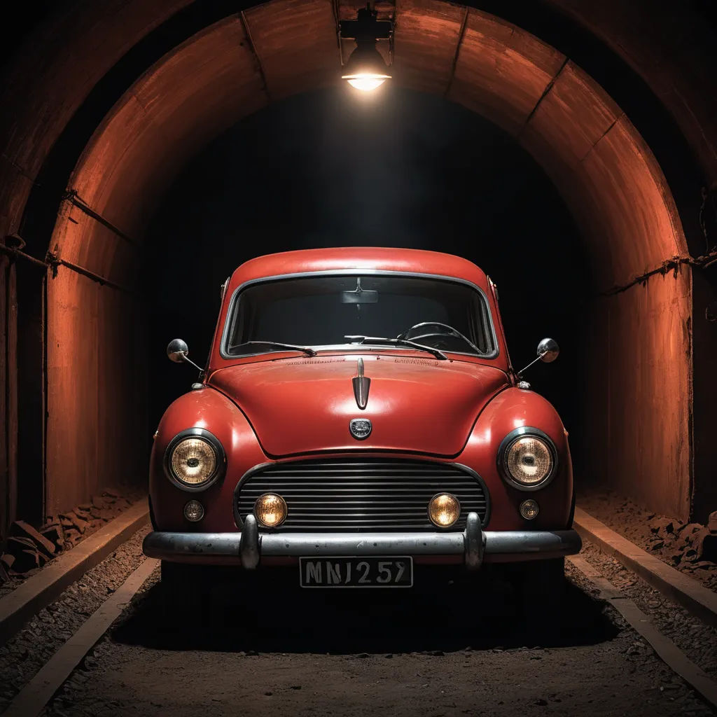 a red car is parked in a tunnel with a light on it's headlight and a black background, art photography, a photorealistic painting, Colin Moss, cinematic photography