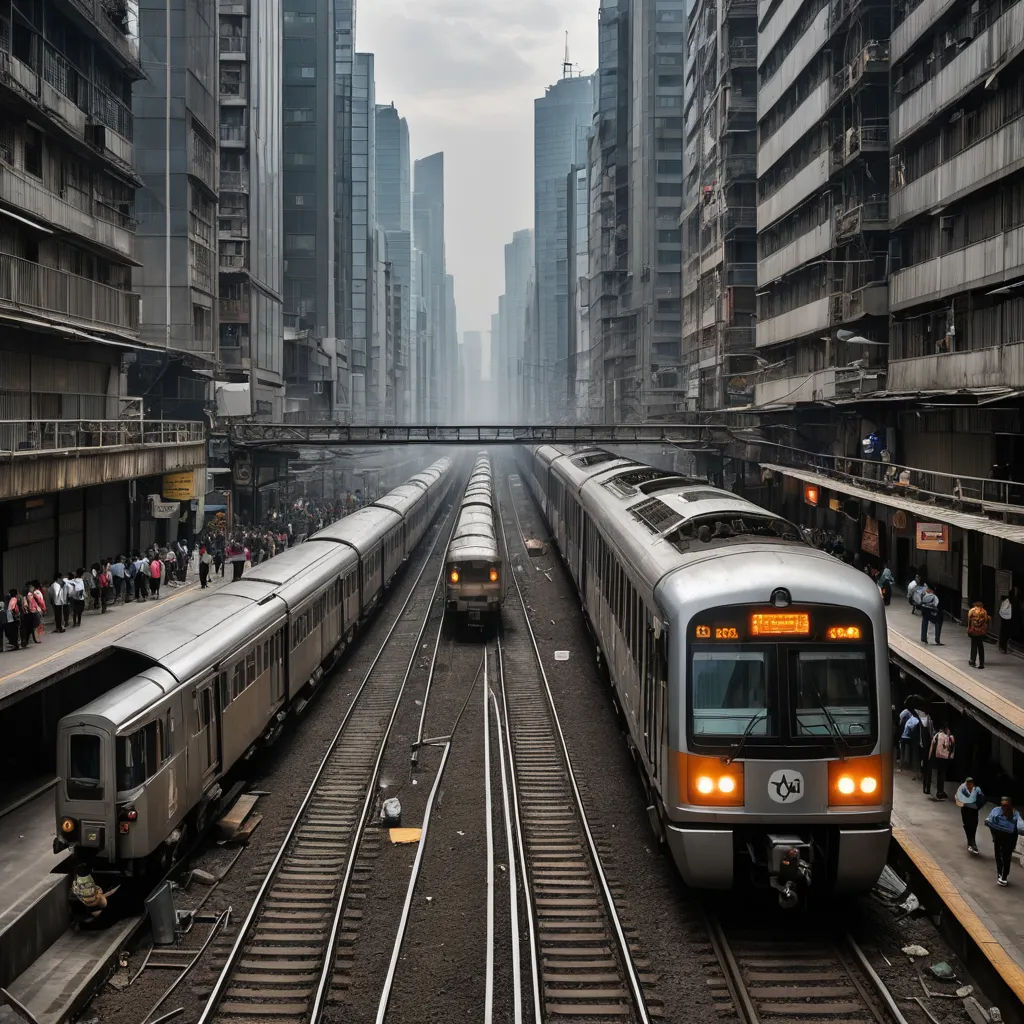 a train station with several trains on the tracks and people walking on the sidewalk near the trains and buildings, neoism, a tilt shift photo, Arie Smit, award-winning photograph
