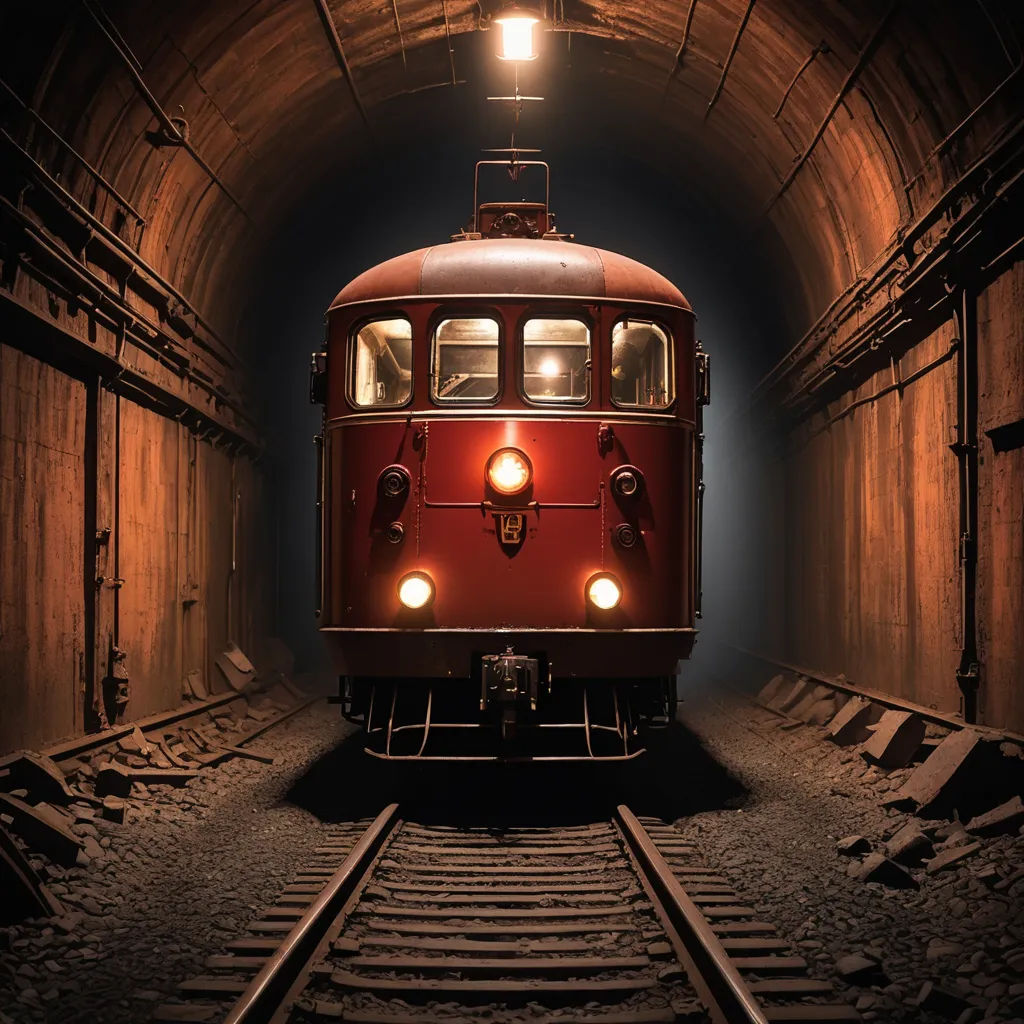 a train is coming out of a tunnel with lights on it's side and a train track below, art deco, a detailed matte painting, Bernd Fasching, dieselpunk