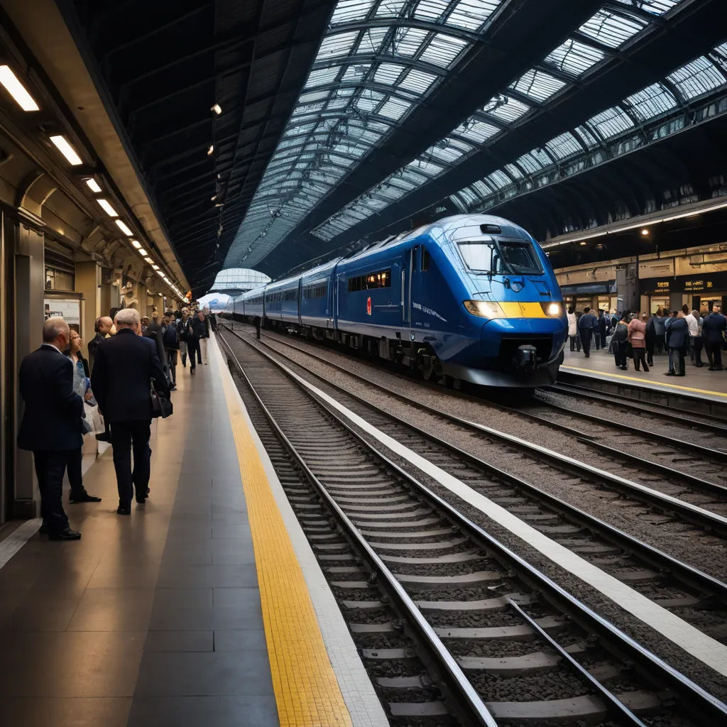 a train is pulling into a train station with people standing on the platform and waiting for the train to arrive, neoism, a tilt shift photo, Florence Engelbach, path tracing