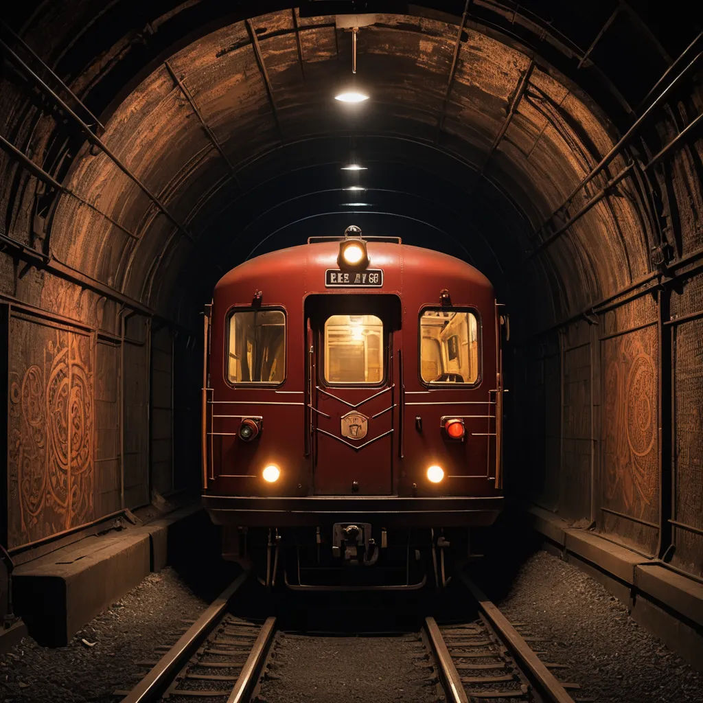 a train is coming out of a tunnel at night time, with lights on the windows and the doors open, viennese actionism, a stock photo, Bernd Fasching, dieselpunk