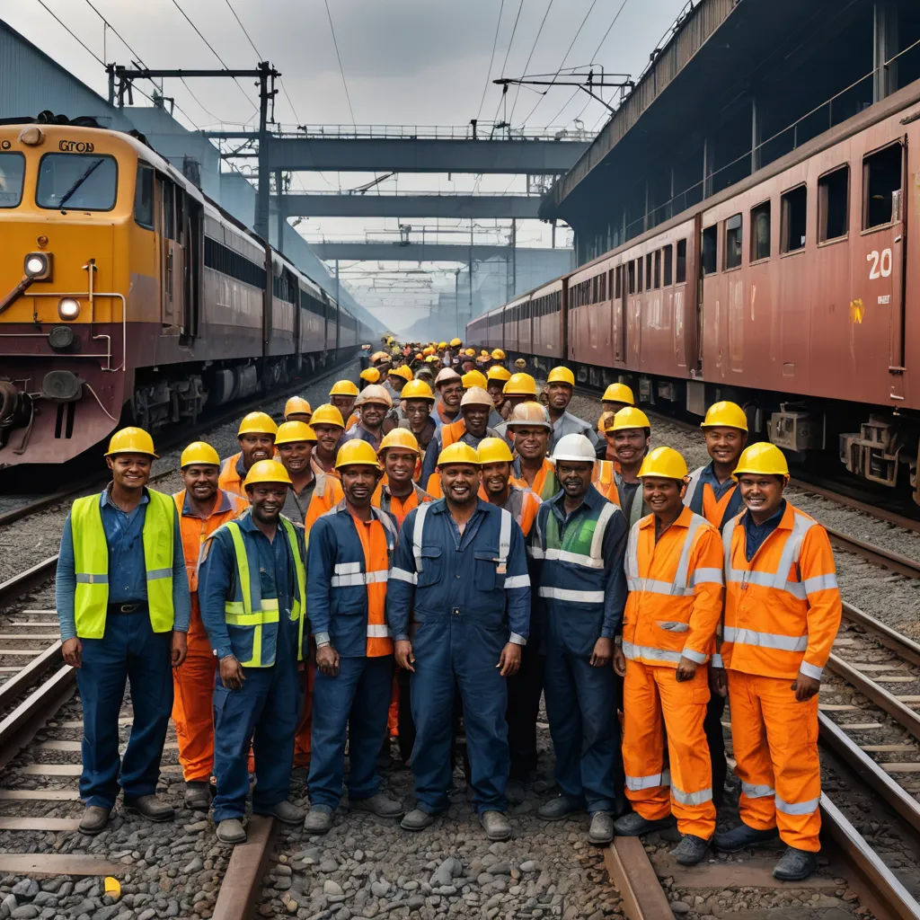 a group of men standing next to each other on train tracks near a train station with a train on the tracks, assemblage, a stock photo, Bholekar Srihari, professional photo
