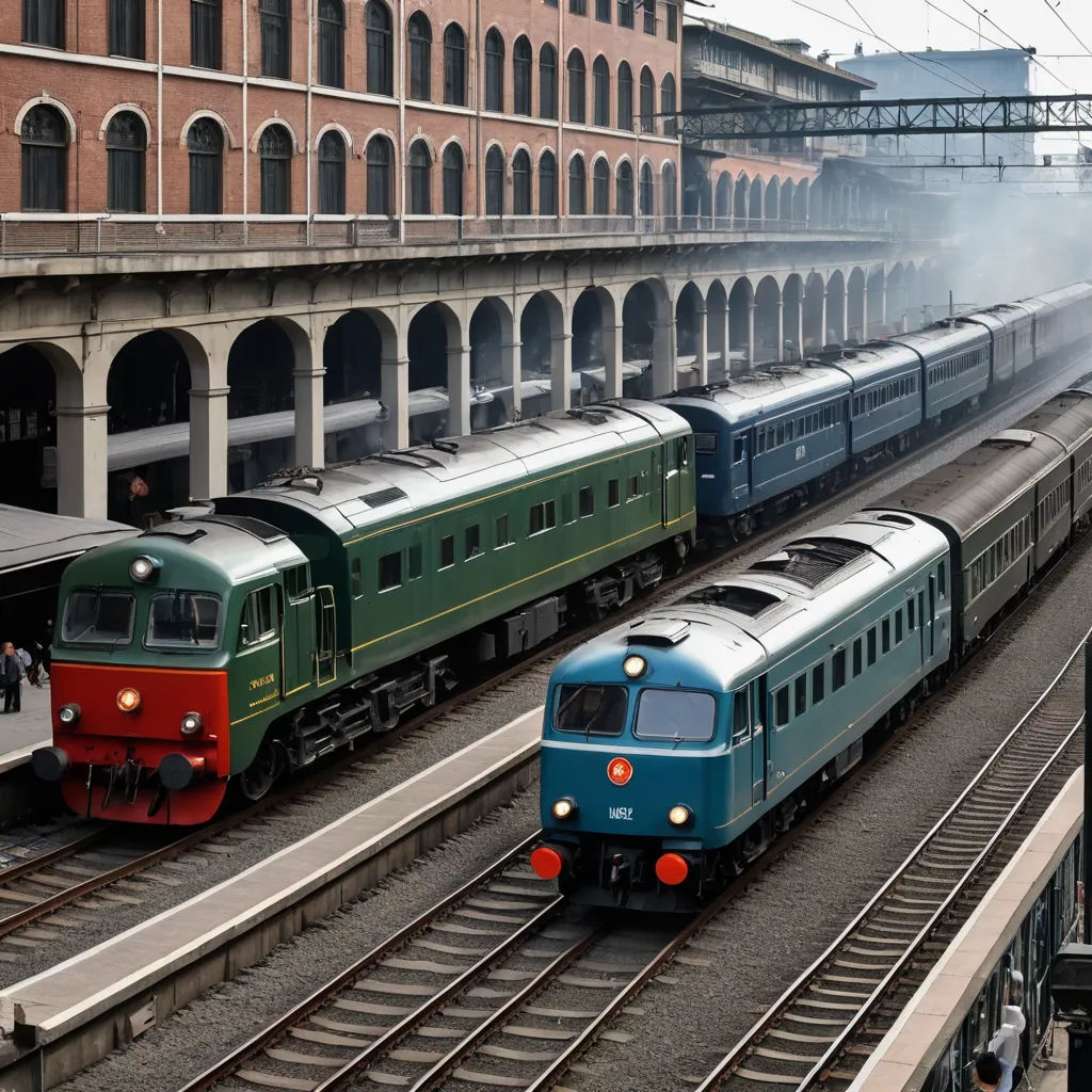 two trains on tracks next to a building and people walking on the sidewalk near them and a train station, international typographic style, a digital rendering, An Zhengwen, ue 5