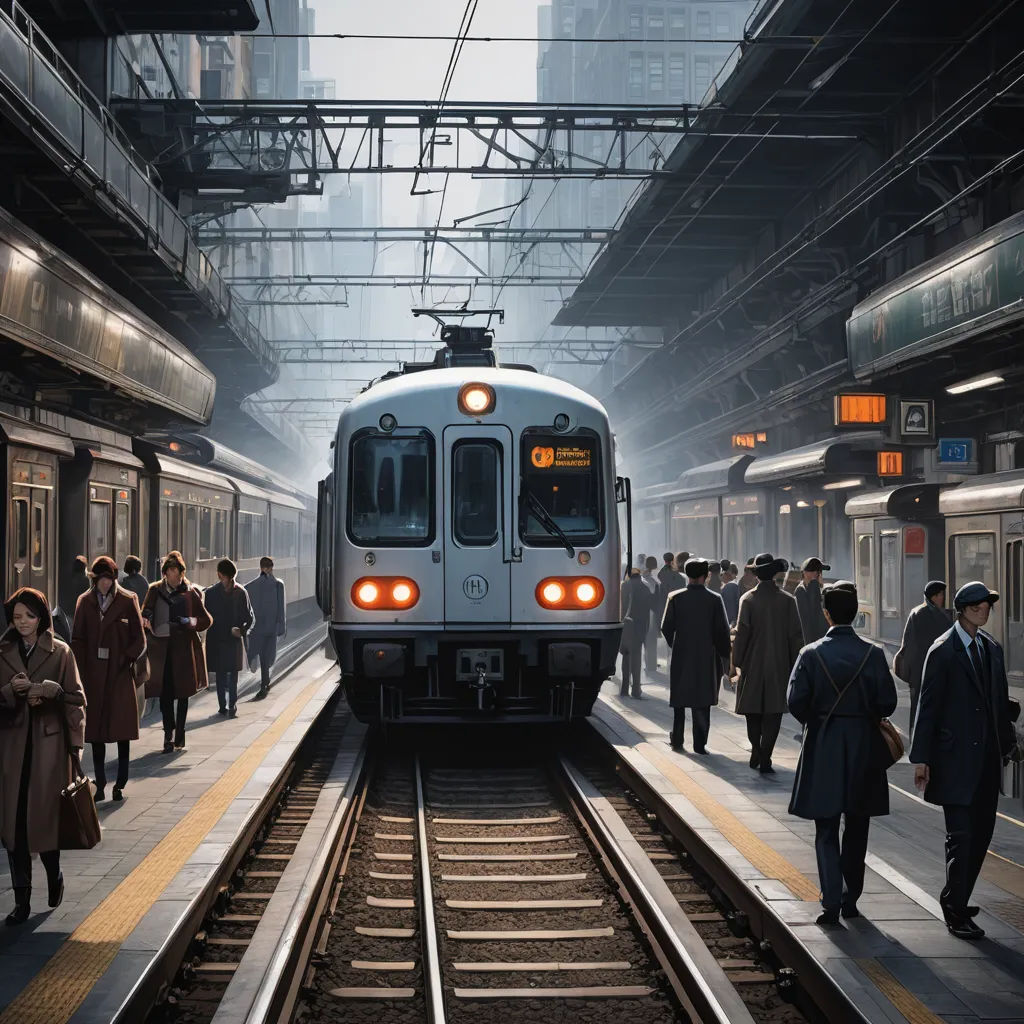 a train is pulling into a train station with people walking around it and a train on the tracks in the background, photorealism, a detailed matte painting, Evgeny Lushpin, dan mumford. octane render