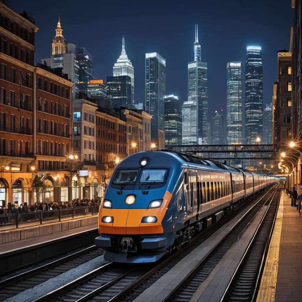 a train on a track in front of a city skyline at night with lights on and a train on the tracks, art photography, a stock photo, Evgeny Lushpin, city background