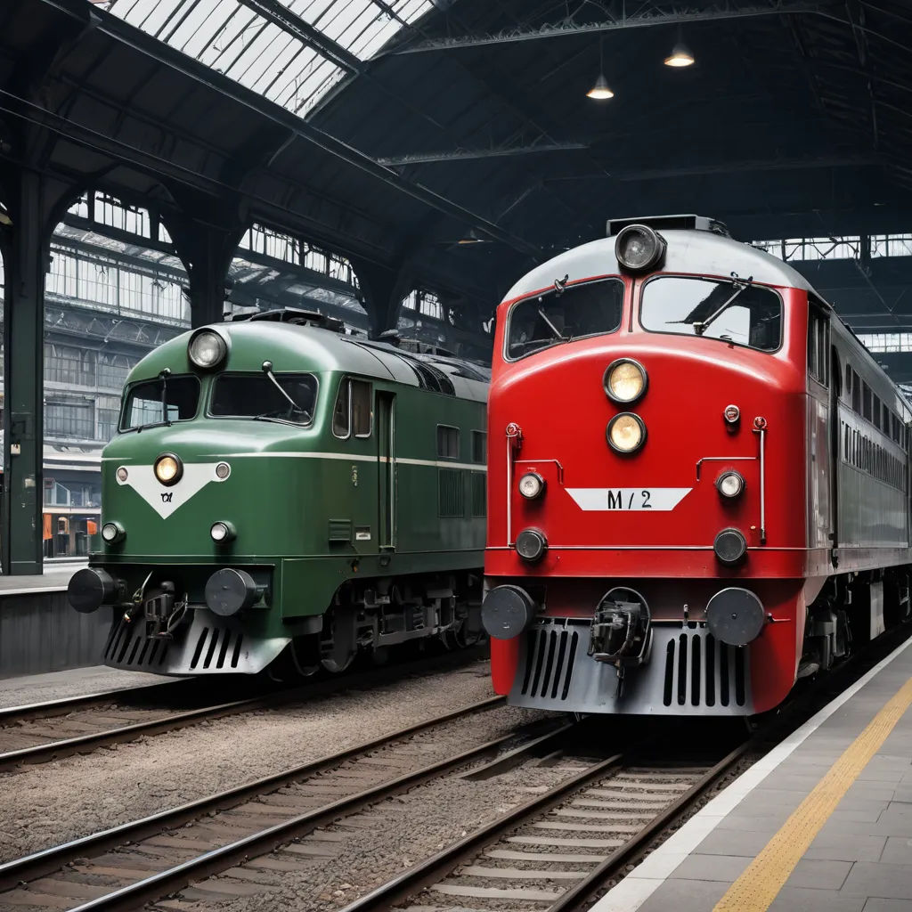 two trains are parked in a train station next to each other on the tracks and one is green and red, international typographic style, a digital rendering, Bernd Fasching, path tracing
