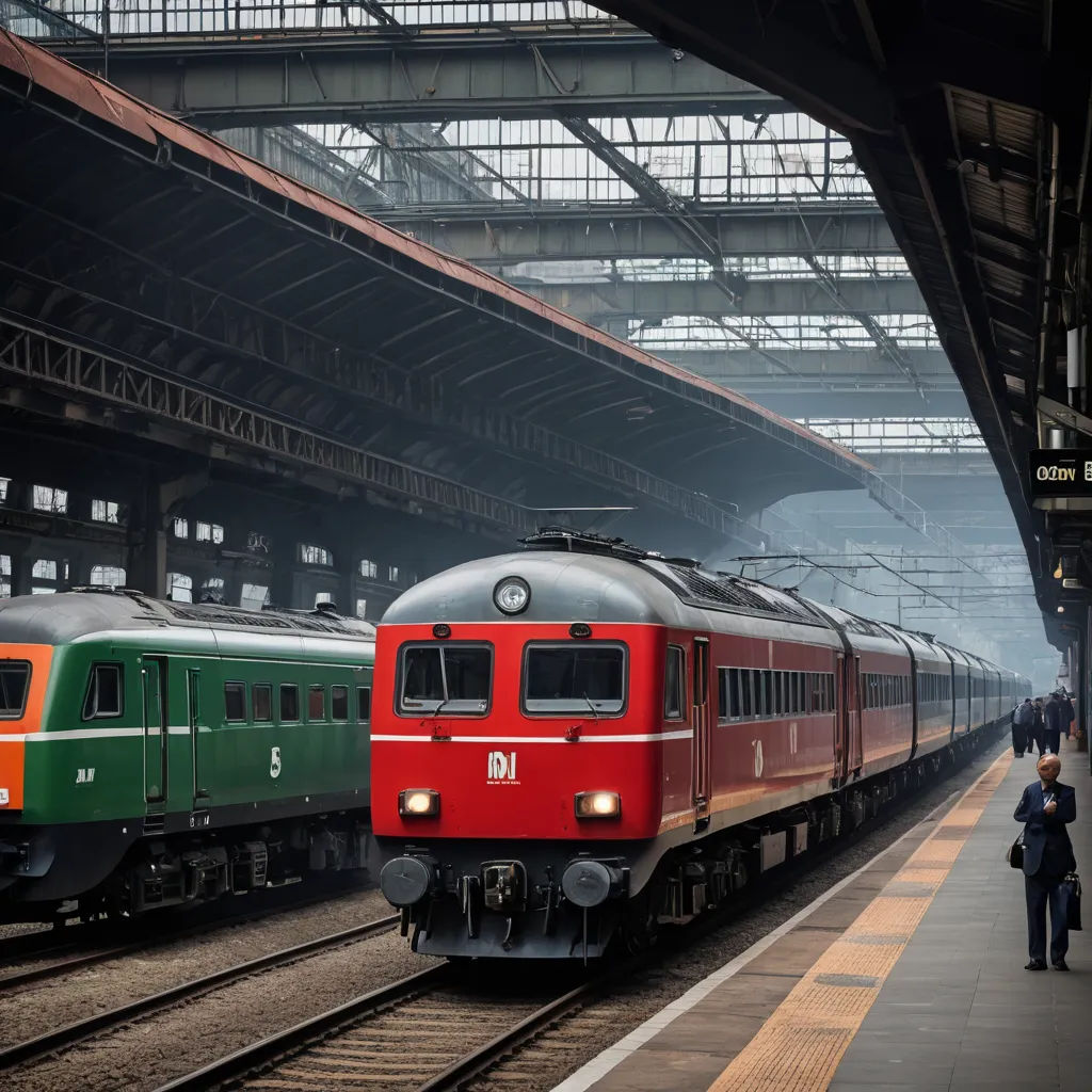 two trains are parked at a train station as people walk by them on the platform and the train is red and green, neoism, a stock photo, An Zhengwen, award - winning photography