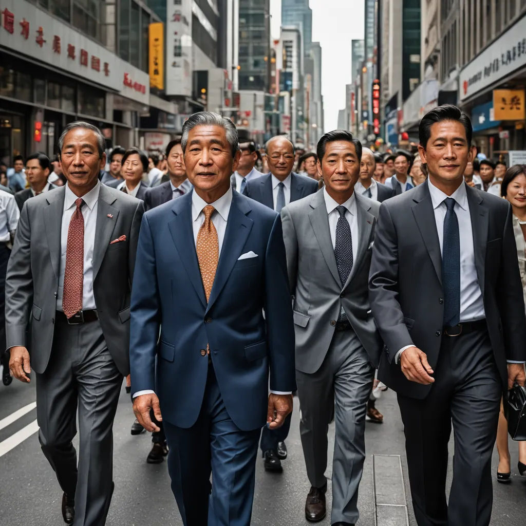 a group of men in suits walking down a street in a city with tall buildings in the background and a crowd of people walking down the street, neoism, a photo, Andrew Law, movie still