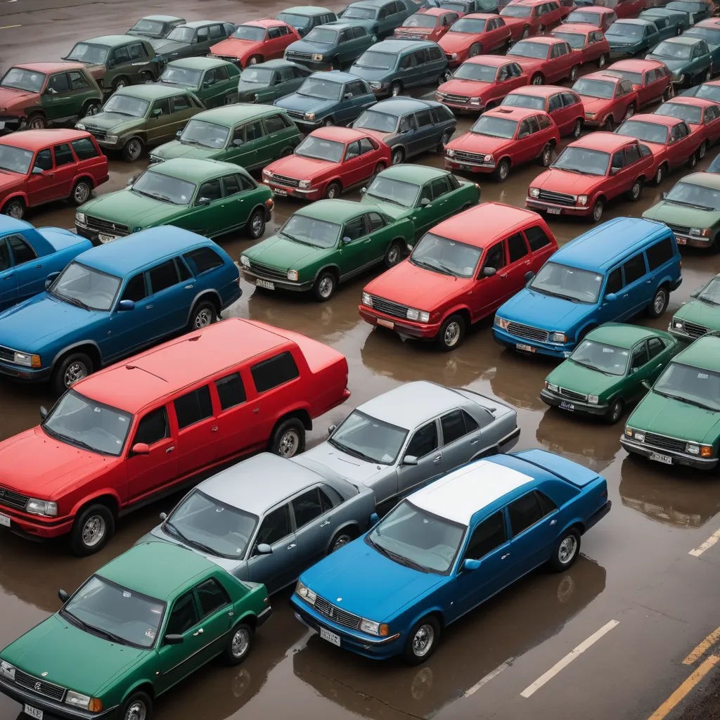 a parking lot filled with lots of different colored cars in it's parking lot, with one car parked in the middle of the lot, synchromism, a tilt shift photo, Andreas Gursky, color