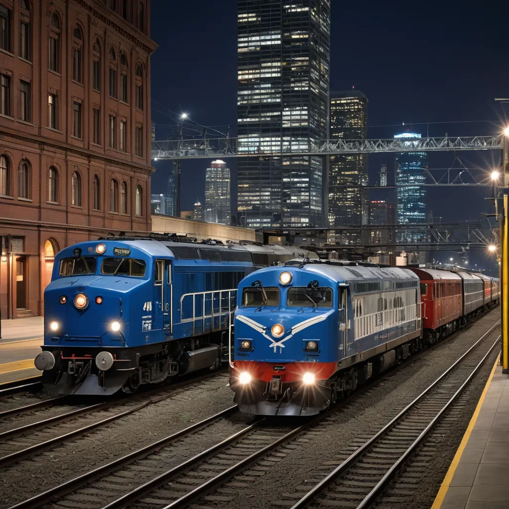 two trains on tracks in a city at night time with lights on and buildings in the background at night, synchromism, a digital rendering, Anson Maddocks, award-winning photograph