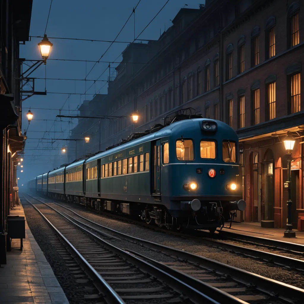 a train is on the tracks at night time, with lights on and a building in the background that is lit up, art photography, a matte painting, Evgeny Lushpin, cinematic photography