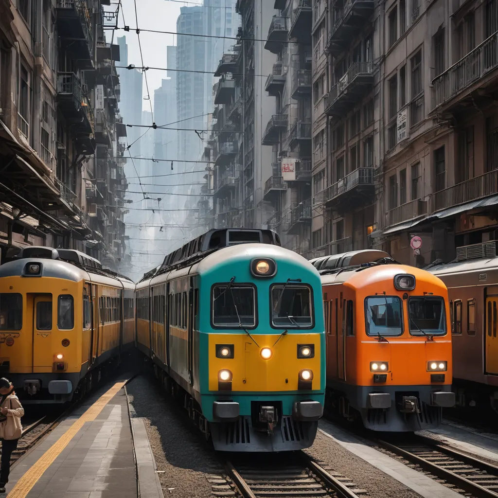 a couple of trains that are sitting on the tracks in a city street with buildings in the background and people standing on the sidewalk, neoism, a stock photo, Elsa Bleda, award-winning photograph
