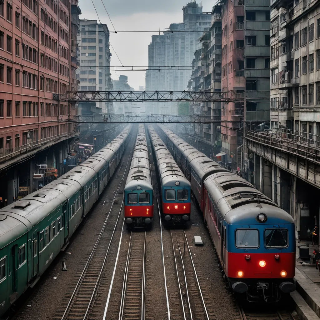 two trains are parked in a train station in a city with tall buildings and a cloudy sky in the background, art photography, a tilt shift photo, Andrew Law, award-winning photograph