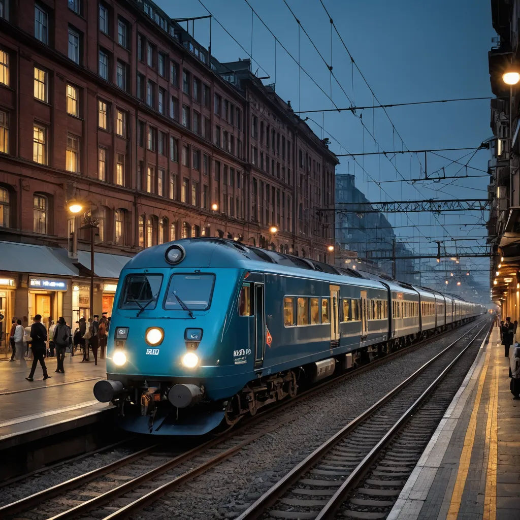 a train is on the tracks in a city at night time, with people walking around the tracks and a train on the tracks, aestheticism, a stock photo, Evgeny Lushpin, hdri