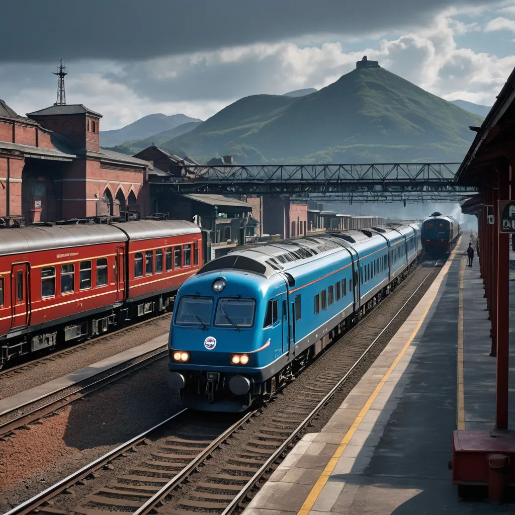 a train is coming down the tracks near a station with a mountain in the background and a bridge over the tracks, regionalism, a digital rendering, Dahlov Ipcar, promotional image