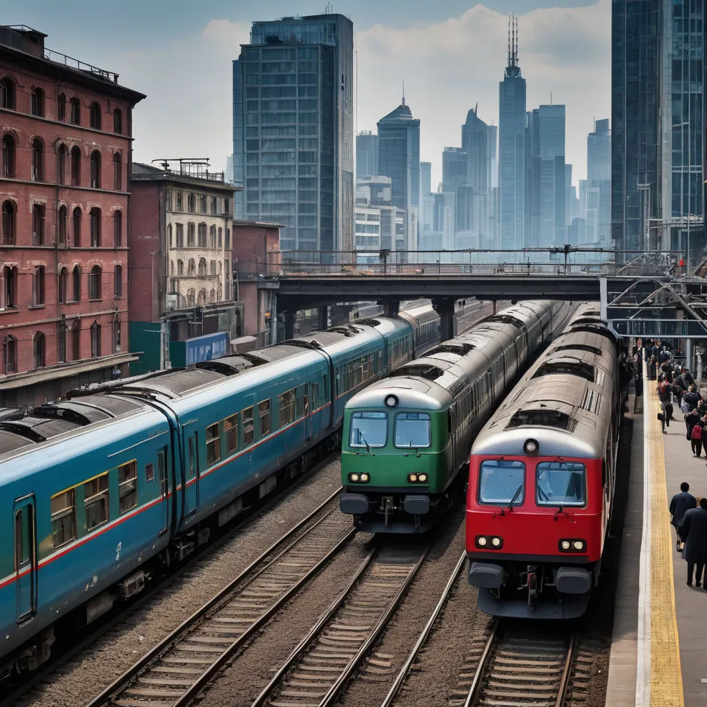 two trains on tracks in a city with tall buildings in the background and people walking on the sidewalk near them, regionalism, a tilt shift photo, An Zhengwen, award - winning photography