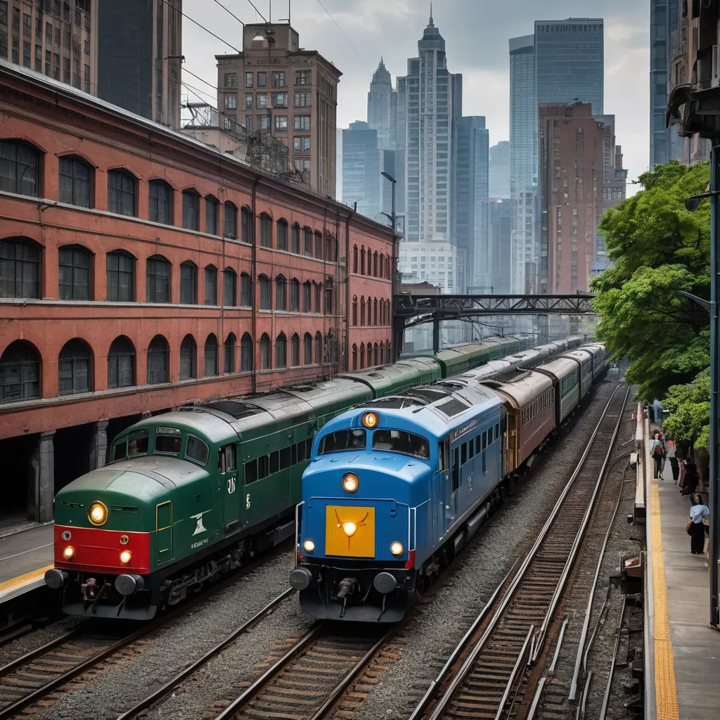 two trains on tracks in a city with tall buildings in the background and people walking on the sidewalk near the tracks, american scene painting, a tilt shift photo, Evgeny Lushpin, award - winning photography