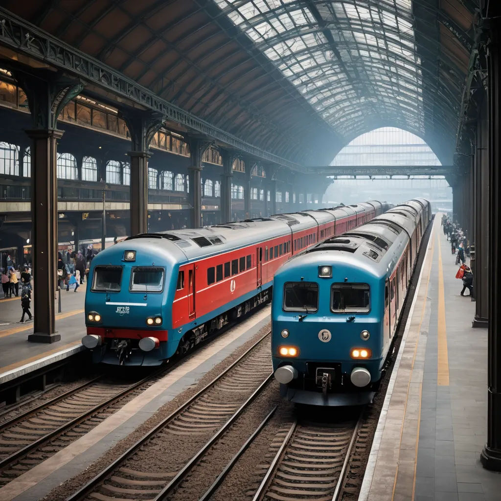 two trains are parked in a train station with people walking around them and a train is pulling into the station, viennese actionism, a tilt shift photo, Bernd Fasching, award-winning photograph