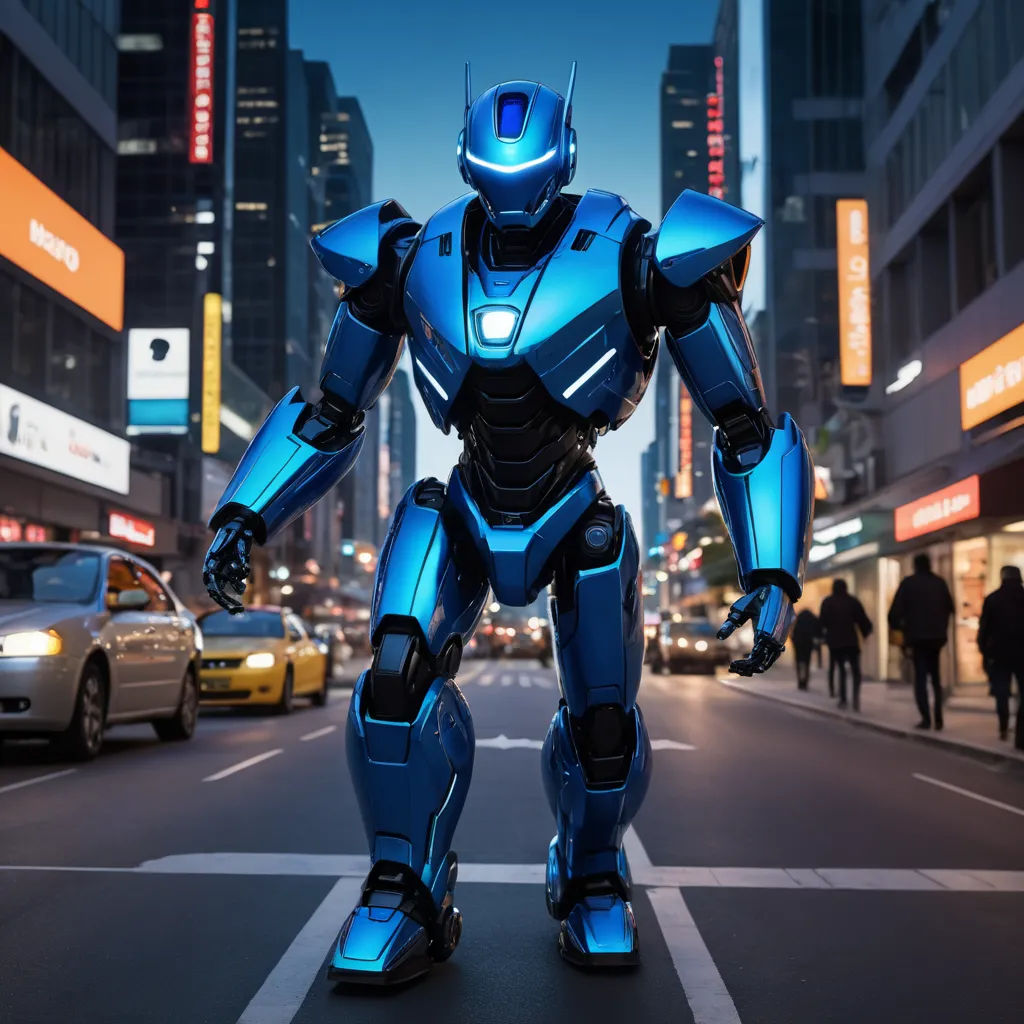 a robot standing in the middle of a street in a city at night with people walking around it and cars on the street, panfuturism, a 3D render, Adam Rex, half robot