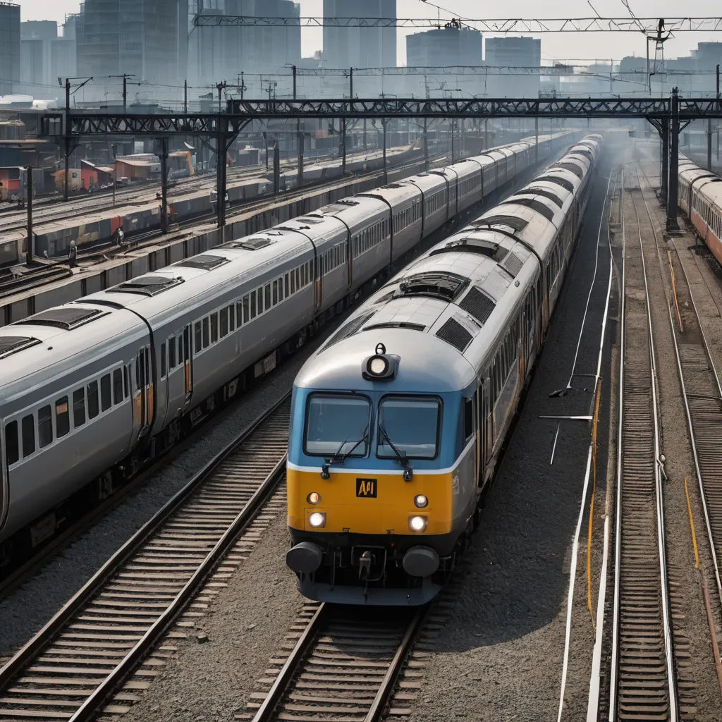 a train is traveling down the tracks in a city area with tall buildings in the background and a few cars on the tracks, neoism, a tilt shift photo, An Zhengwen, award-winning photograph