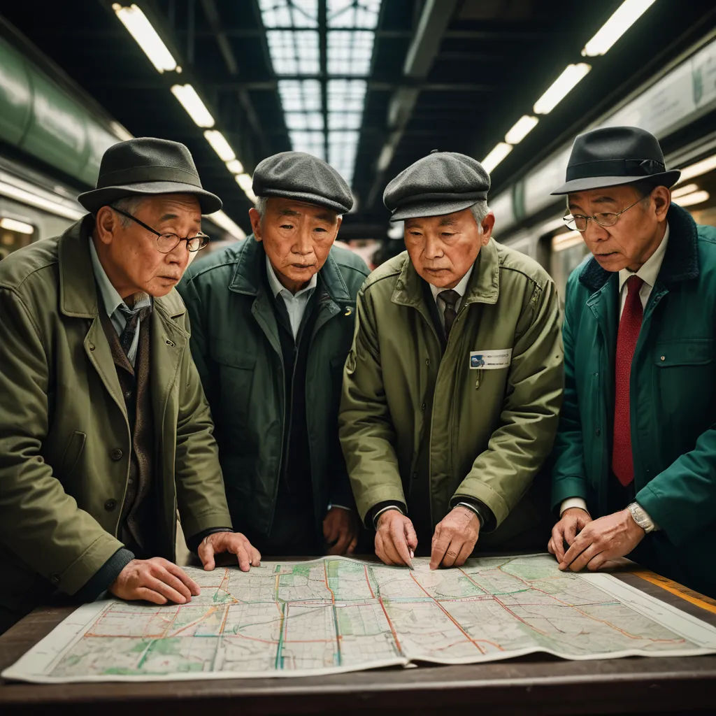 a group of men standing around a map in a train station with hats on their heads and one man looking at the map, viennese actionism, a jigsaw puzzle, Chen Hong, cinematic photography
