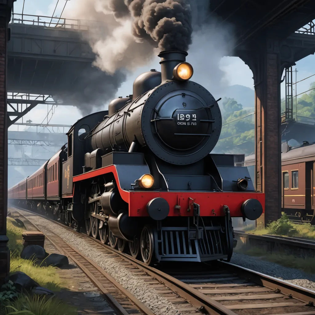 a train is coming down the tracks near a bridge and a building with a clock on it and smoke billowing out the top, sots art, a detailed matte painting, Evgeny Lushpin, ultra realistic digital art