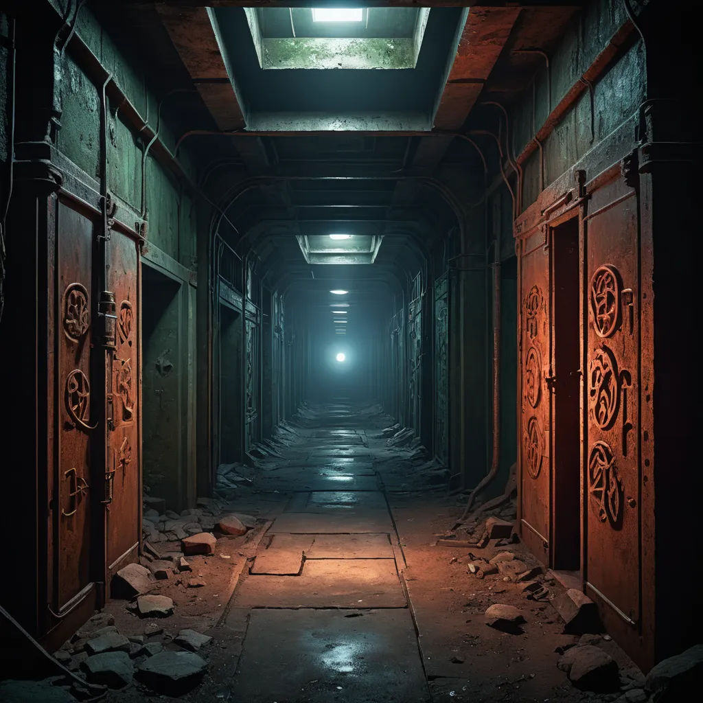 a dark hallway with a light at the end of it and a bunch of doors on the side of the hallway, photorealism, concept art, Filip Hodas, unreal engine 5