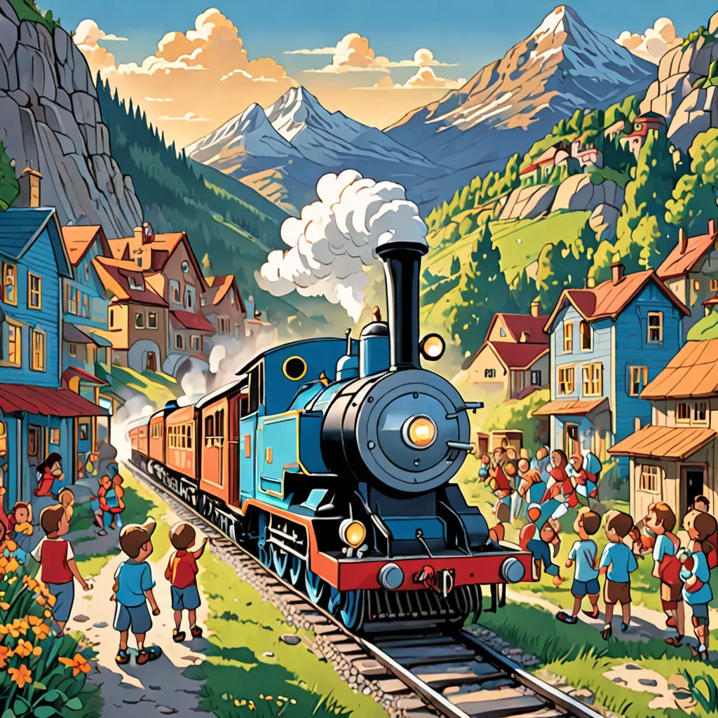 a painting of a train traveling through a town with people standing around it and a mountain in the background, american scene painting, a storybook illustration, Bertram Brooker, storybook illustration
