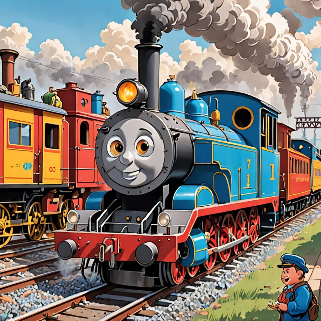 a cartoon train with a man standing next to it on the tracks and a train engine with a man standing next to it, sots art, a digital rendering, Donald Roller Wilson, official art