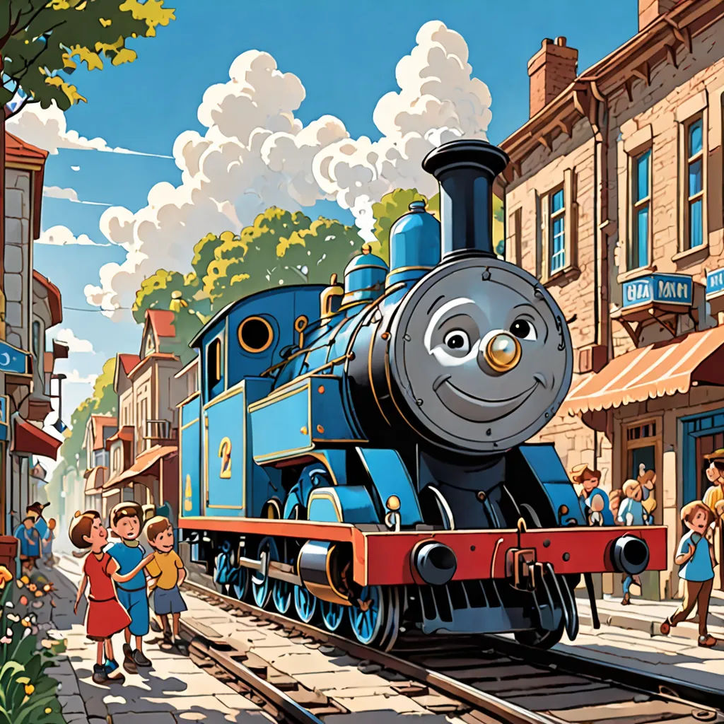 a cartoon train traveling down train tracks next to a crowd of people on a city street with buildings and trees, american scene painting, a digital rendering, Donald Roller Wilson, official art