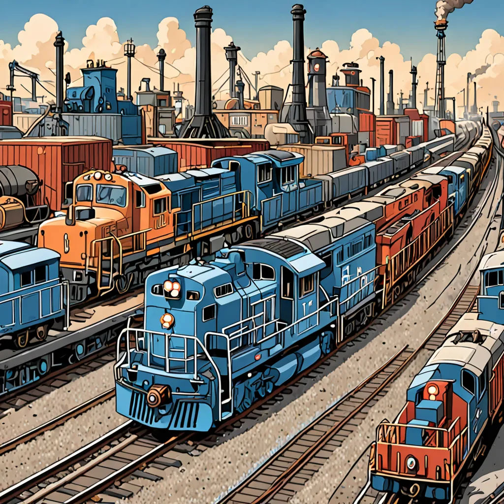 a painting of a train yard with trains on the tracks and smoke stacks in the background and a sky with clouds, maximalism, a storybook illustration, Dan Mumford, detailed illustration