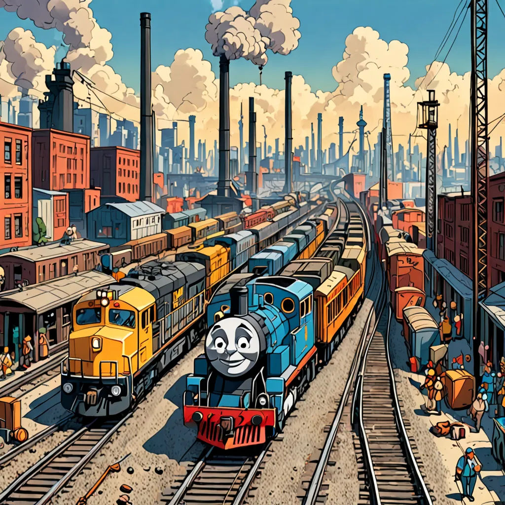 a painting of a train station with a train and a train engine on the tracks and people standing on the platform, sots art, a comic book panel, Bob Thompson, official art