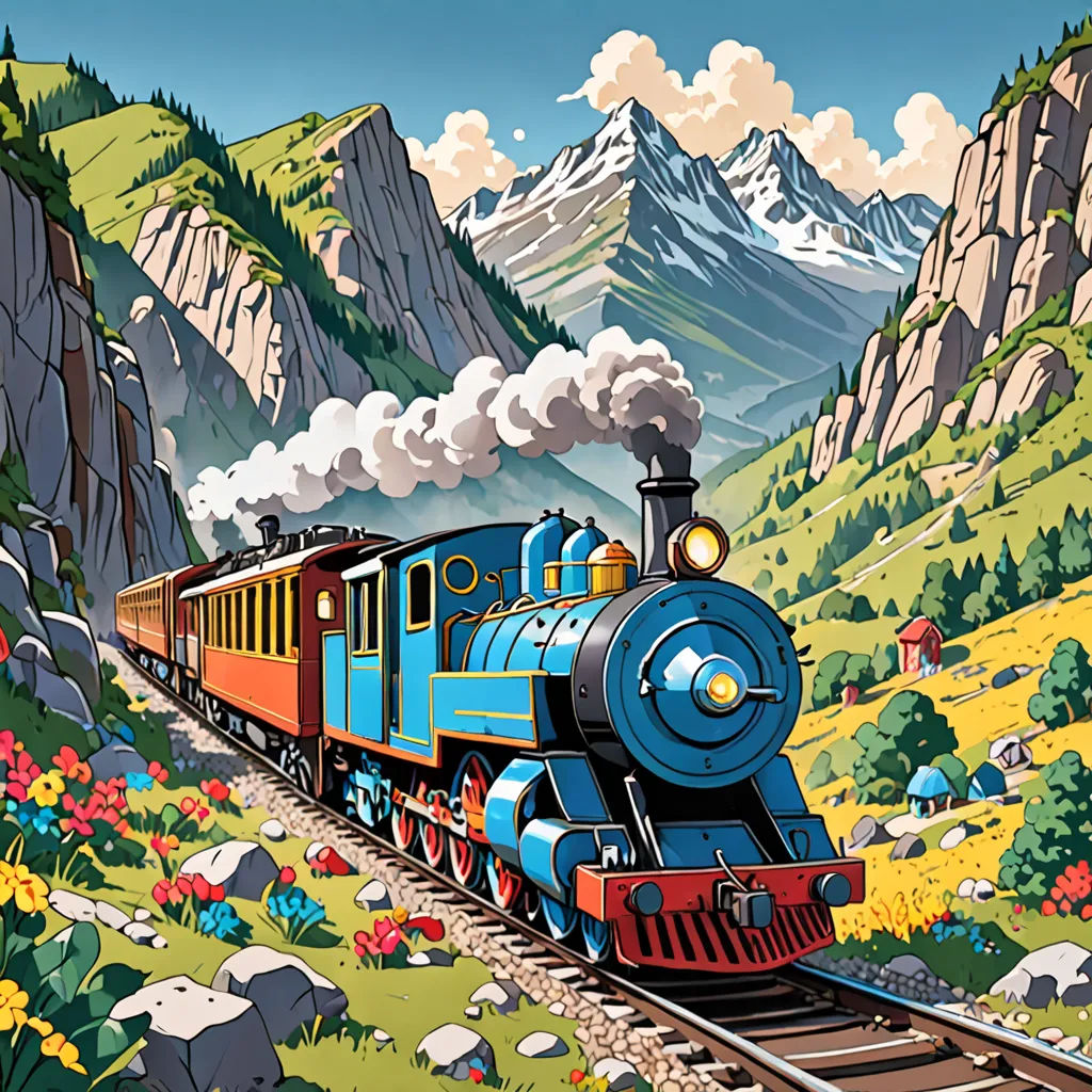 a train traveling through a lush green countryside next to mountains and trees with a sky background and clouds above, american scene painting, a storybook illustration, Charles Ginner, highly detailed digital painting