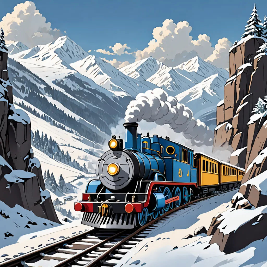 a train traveling through a snowy mountain landscape with mountains in the background and clouds in the sky above it, american scene painting, a detailed matte painting, Cliff Childs, official art