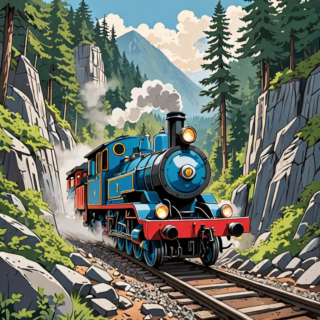 a train traveling through a lush green forest filled with trees and rocks, with a mountain in the background, american scene painting, a storybook illustration, Cliff Childs, promotional image