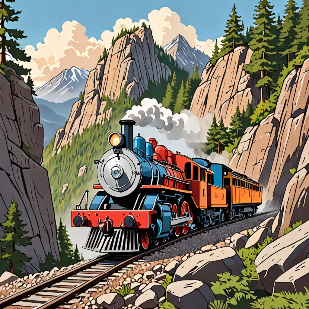 a train traveling through a mountainous countryside with pine trees and mountains in the background, with a mountain range in the background, american scene painting, a storybook illustration, Dan Mumford, western comic book art
