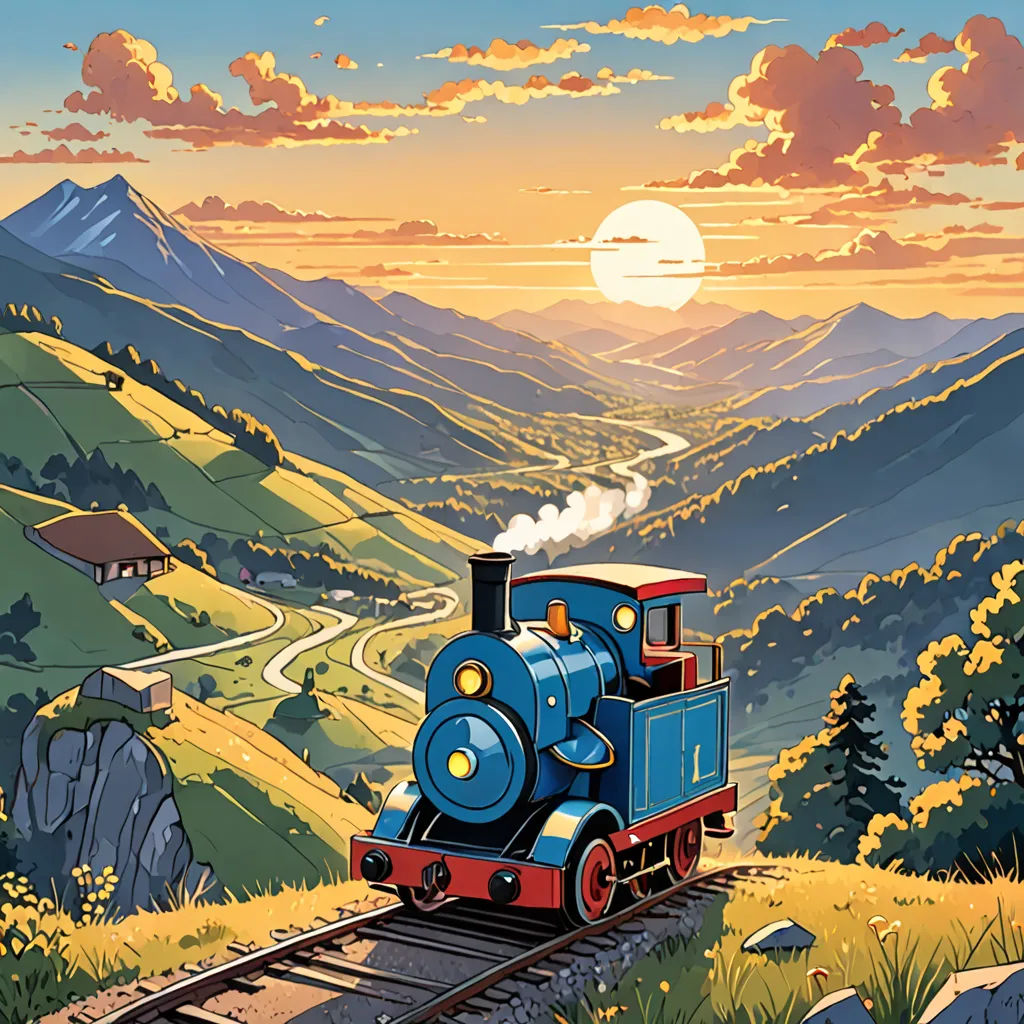a train traveling through a lush green countryside under a sunset sky with clouds and mountains in the background,, american scene painting, a storybook illustration, Dan Mumford, official art