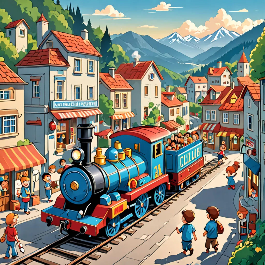 a painting of a train traveling through a town with people walking around it and a train on the tracks, naive art, a storybook illustration, Dan Mumford, detailed illustration