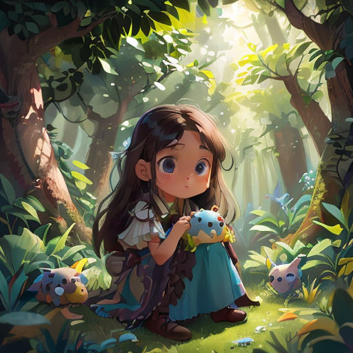 a girl sitting in the middle of a forest holding a bird in her hand and looking at the ground