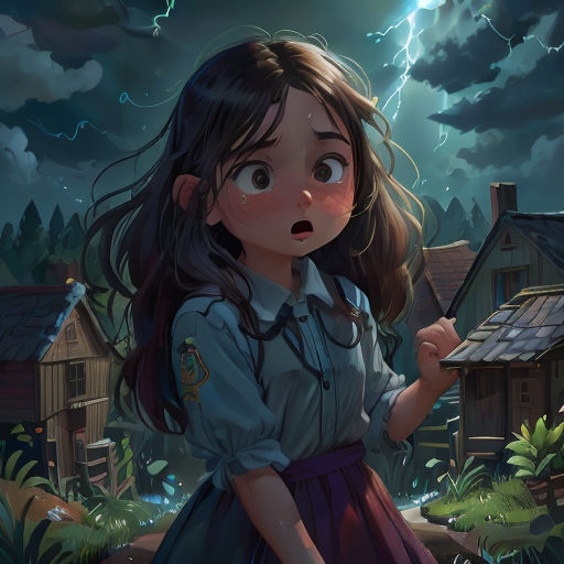 a girl in a dress standing in front of a house with a lightning bolt in the background and a house with a lightning bolt in the sky